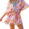 Women's Mini Dress V Neck Floral Half Dolman Sleeve Belted Loose Fit Short Summer Beach Dress