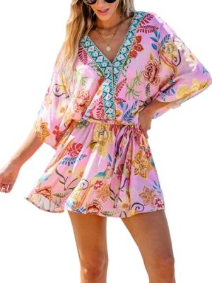 517LDAyknL.jpg Women's Mini Dress V Neck Floral Half Dolman Sleeve Belted Loose Fit Short Summer Beach Dress