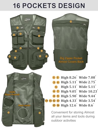 Men's Fishing Vest Utility Lightweight Outdoor Travel Safari Photo Cargo Vest with 16 Pockets