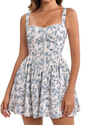 51BDNaytSQL.jpg Floral Corset Mini Dress Summer Flowy A Line Smocked Short Dresses for Women 2025 Sundress with Pockets