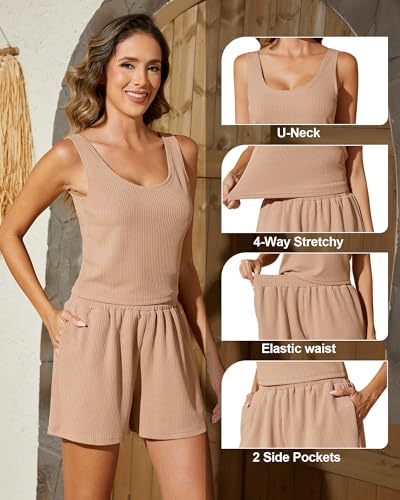 2 Pack Womens Summer 2 Piece Outfits Short Sets Matching Sleeveless Lounge Crop Top High Waisted Short with Pocket