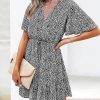 Women's Summer Dresses 2025 Casual Short Sleeve V Neck Ruffle Floral Print High Waist Flowy Mini Dress with Belt