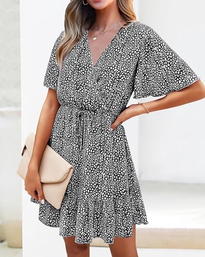 Women's Summer Dresses 2025 Casual Short Sleeve V Neck Ruffle Floral Print High Waist Flowy Mini Dress with Belt