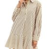 51Bj8bE02gL.jpg Womens Striped Shirt Mini Dress Long Sleeve Collared Ruffle Hem Button Up Tunic Flowy Swing Dresses