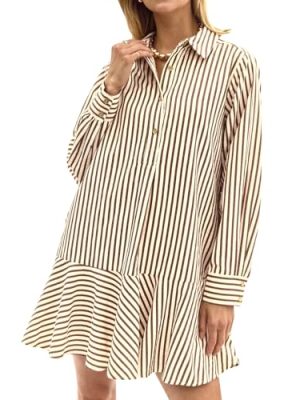 Womens Striped Shirt Mini Dress Long Sleeve Collared Ruffle Hem Button Up Tunic Flowy Swing Dresses