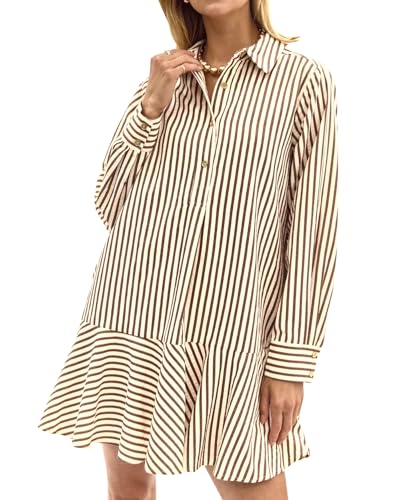 51Bj8bE02gL.jpg Womens Striped Shirt Mini Dress Long Sleeve Collared Ruffle Hem Button Up Tunic Flowy Swing Dresses