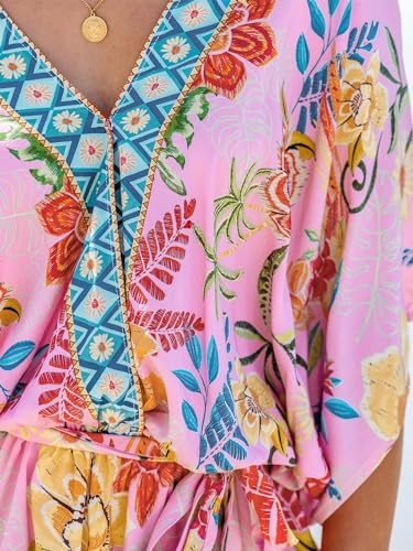 Women's Mini Dress V Neck Floral Half Dolman Sleeve Belted Loose Fit Short Summer Beach Dress