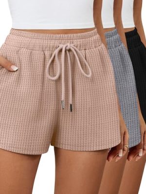 51DLXFANVoL.jpg 3 Pack Women's Waffle Knit Shorts Cotton Drawstring Lounge Summer Comfy Casual Shorts with Pockets