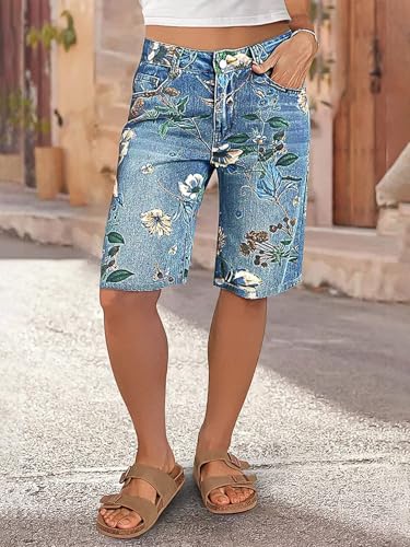 51E1n4Qw9LL.jpg High Waisted Bermuda Shorts for Women Knee Length Floral Print Stretchy Summer Denim Shorts Trendy