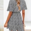 Women's Summer Dresses 2025 Casual Short Sleeve V Neck Ruffle Floral Print High Waist Flowy Mini Dress with Belt