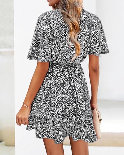 Women's Summer Dresses 2025 Casual Short Sleeve V Neck Ruffle Floral Print High Waist Flowy Mini Dress with Belt