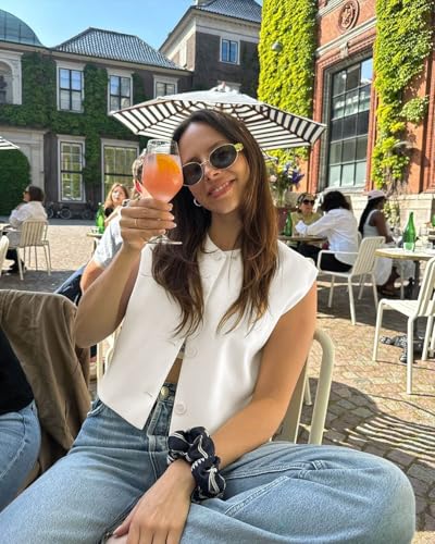 51F0jiwOOIL.jpg Womens Cropped Cap Sleeve Vest Tank Tops Summer Work Casual Crew Neck Button Down Waistcoats