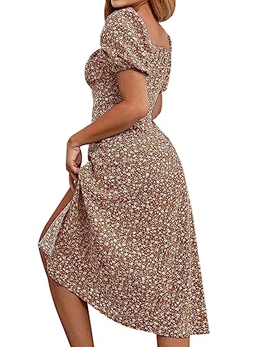 Women's Floral Summer Casual Dress Square Neck Puff Sleeve Boho Midi Dresses Ruched Bust High Waist Split Long Dress