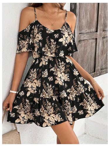 Women's Boho Floral Print Cold Shoulder Dress Short Sleeve Ruffle A Line Vacation Elegant Mini Dresses