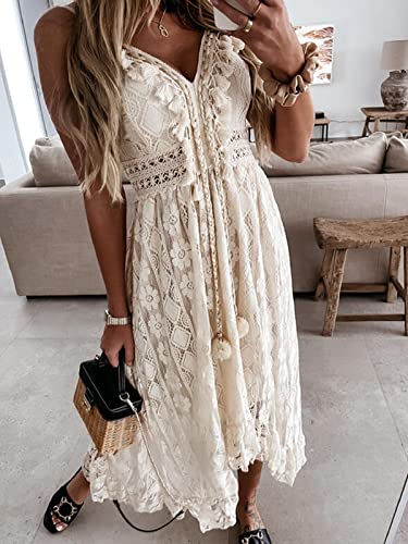 51H4zadQXL.jpg Women's Summer Dresses Sleeveless Lace Casual Tassel Beach Spaghetti Straps Flowy Maxi Sun Dress