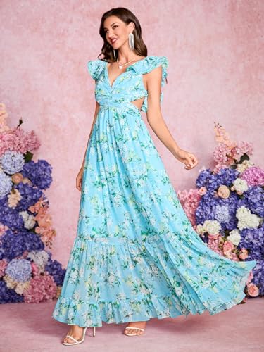 Women's Summer Floral Print Straps Sleeveless V Neck Criss Cross Backless Chiffon Beach Boho Party Long Maxi Dress