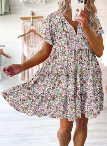 Womens Summer Casual Boho Floral Dresses V Neck Short Sleeve Sundresses Flowy Swing A-Line Mini Dress