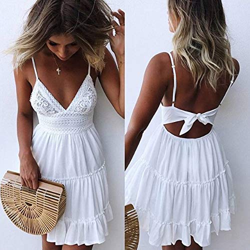 Summer Dresses for Women 2025 V-Neck Spaghetti Strap Bowknot Backless Sleeveless Lace Mini Swing Skater Dress