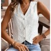 Women's Eyelet Embroidery V Neck Button Up Vest Boho Sleeveless Blouse Top