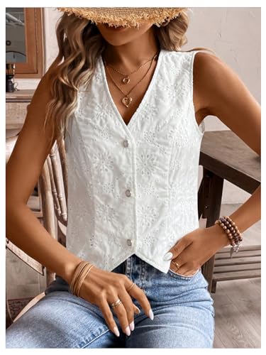Women's Eyelet Embroidery V Neck Button Up Vest Boho Sleeveless Blouse Top
