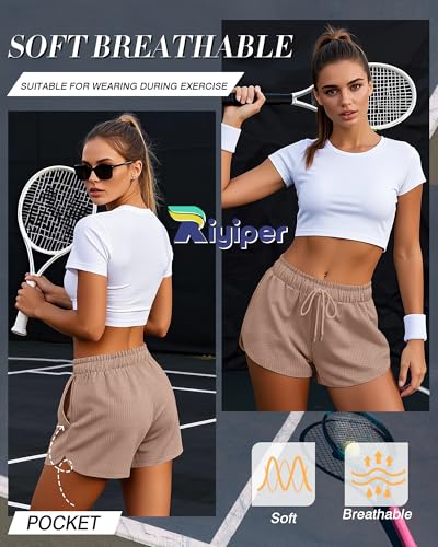 51KicW2itVL.jpg 3 Pack Women's Waffle Knit Shorts Cotton Drawstring Lounge Summer Comfy Casual Shorts with Pockets