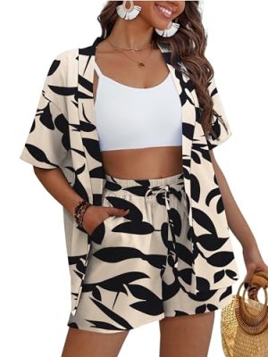 51KvB7ohj3L.jpg Women's 2 Piece Outfits Kimono Style Tropical Print Cover Ups Half Sleeve Blouse Shorts Set Summer Beachwear ??S-XL??