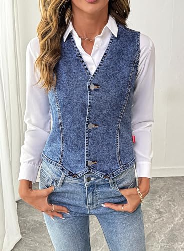 51OdSXUz9yL.jpg Women's Denim Vest Sleeveless V Neck Zimbaplatinum Jean Vest Top Button Down Crop Waistcoat Vest Summer Outfit