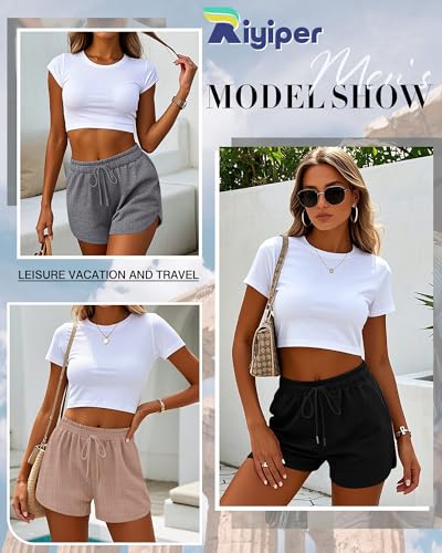 51PQNW9MOeL.jpg 3 Pack Women's Waffle Knit Shorts Cotton Drawstring Lounge Summer Comfy Casual Shorts with Pockets