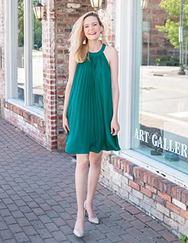 Women's Cute Halter Neck Sleeveless Mini Dress Solid Color Flowy Pleated Beach Dress Sundress