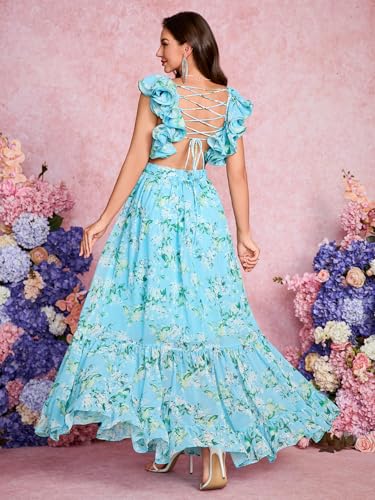 Women's Summer Floral Print Straps Sleeveless V Neck Criss Cross Backless Chiffon Beach Boho Party Long Maxi Dress