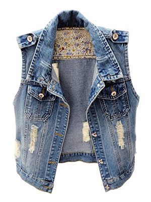 51Sdpjd6ASL.jpg Womens Denim Jean Vest Classic Junior Button Up Cropped Distressed Sleeveless Jean Jacket