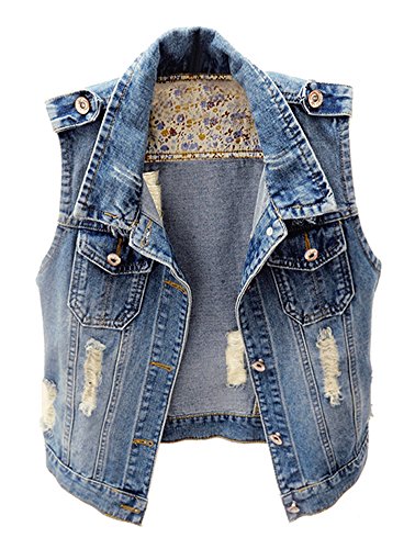 Womens Denim Jean Vest Classic Junior Button Up Cropped Distressed Sleeveless Jean Jacket