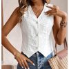 Women's Eyelet Embroidery V Neck Button Up Vest Boho Sleeveless Blouse Top