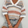 51T9cssSnvL.jpg Womens Short Sleeve Crochet Knit Sweater Hollow Out Striped Tops Beach Vacation Cruise Outfits
