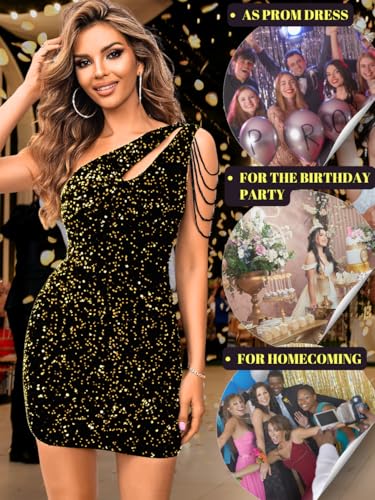 Sequin Velvet Prom Dress,Cut Out One Shoulder Short Formal Dresses,Sparkly Outfits Women HOCO Birthday Cocktail