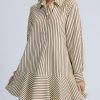 51UPtqs7EiL.jpg Womens Striped Shirt Mini Dress Long Sleeve Collared Ruffle Hem Button Up Tunic Flowy Swing Dresses