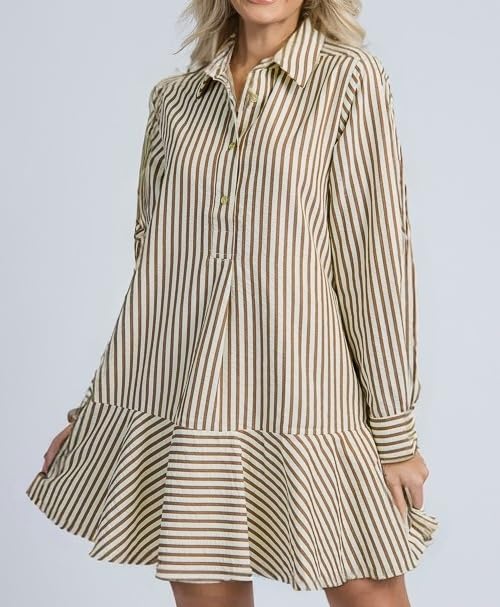 51UPtqs7EiL.jpg Womens Striped Shirt Mini Dress Long Sleeve Collared Ruffle Hem Button Up Tunic Flowy Swing Dresses