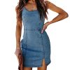 Womens Denim Dress Sexy Sleeveless Split Bodycon Mini Tube Jeans Short Dresses