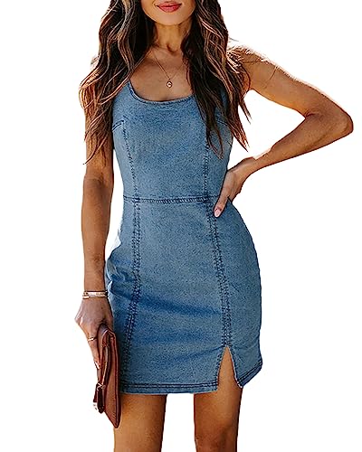 Womens Denim Dress Sexy Sleeveless Split Bodycon Mini Tube Jeans Short Dresses