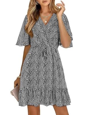 51UiCz-X9gL.jpg Women's Summer Dresses 2025 Casual Short Sleeve V Neck Ruffle Floral Print High Waist Flowy Mini Dress with Belt