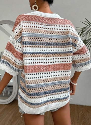 51VW4miRQsL.jpg Womens Short Sleeve Crochet Knit Sweater Hollow Out Striped Tops Beach Vacation Cruise Outfits