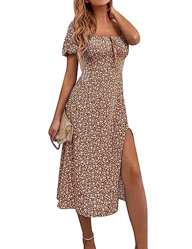Women's Floral Summer Casual Dress Square Neck Puff Sleeve Boho Midi Dresses Ruched Bust High Waist Split Long Dress