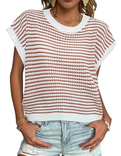 51Vh-QFOeRL.jpg Women's Cap Sleeve Sweaters Vest Crew Neck Knit Sweater Tops 2025 Casual Summer Sleeveless T Shirt