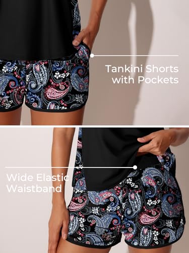 51WjnVdMpmL.jpg Blouson Tankini Swimsuits for Women 2025 Tummy Control Two Piece Bathing Suits with Sporty Pockets Swim Shorts