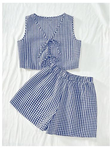 Women's Summer 2 Piece Outfits Plaid Print Sleeveless Tie Front Tank Top Vest Shorts Beach Vacation Set