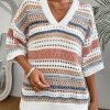 51XMHEXjmTL.jpg Womens Short Sleeve Crochet Knit Sweater Hollow Out Striped Tops Beach Vacation Cruise Outfits