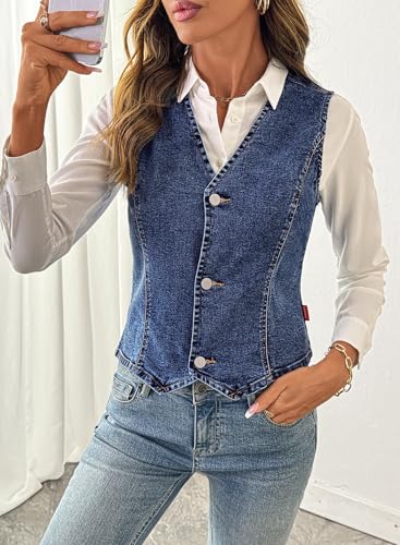 51XXK5rVldL.jpg Women's Denim Vest Sleeveless V Neck Zimbaplatinum Jean Vest Top Button Down Crop Waistcoat Vest Summer Outfit