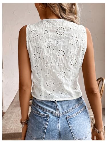 Women's Eyelet Embroidery V Neck Button Up Vest Boho Sleeveless Blouse Top