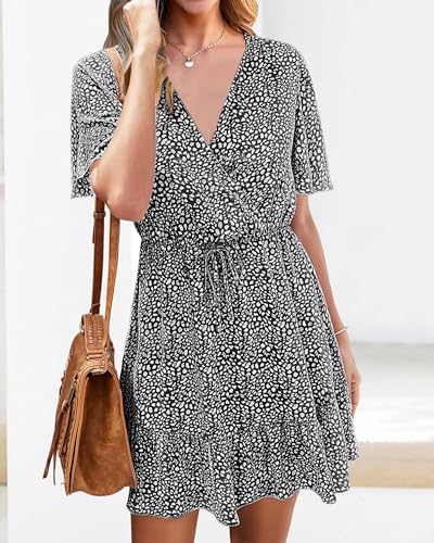 Women's Summer Dresses 2025 Casual Short Sleeve V Neck Ruffle Floral Print High Waist Flowy Mini Dress with Belt