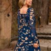 Womens Boho Long Sleeve Mini Dress Floral Square Neck Smocked A-Line Flowy Short Fall Wedding Guest Dresses